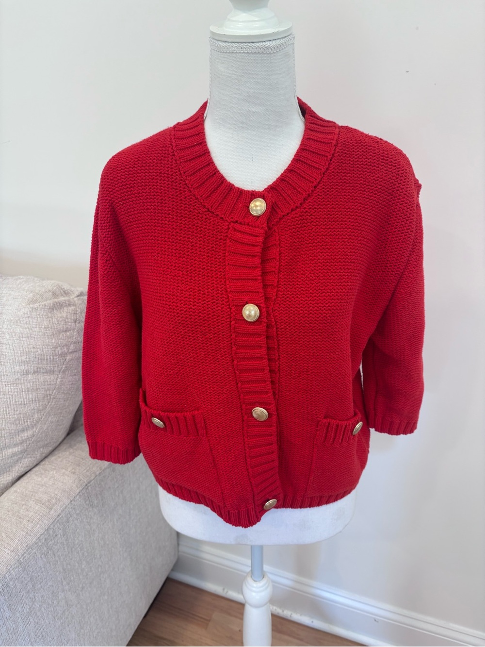Zara Plain Knit Cropped Cardigan in bright red size large
